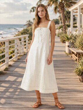 Doe & Rea Sailor Nautical Linen Blend Contrast Stitch Button Scandi Maxi Dress